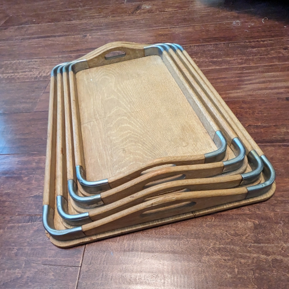 💘HOST PICK💘 VTG 50's MCM 4P Wooden W Metal Nesting Serving Trays - Picture 2 of 16